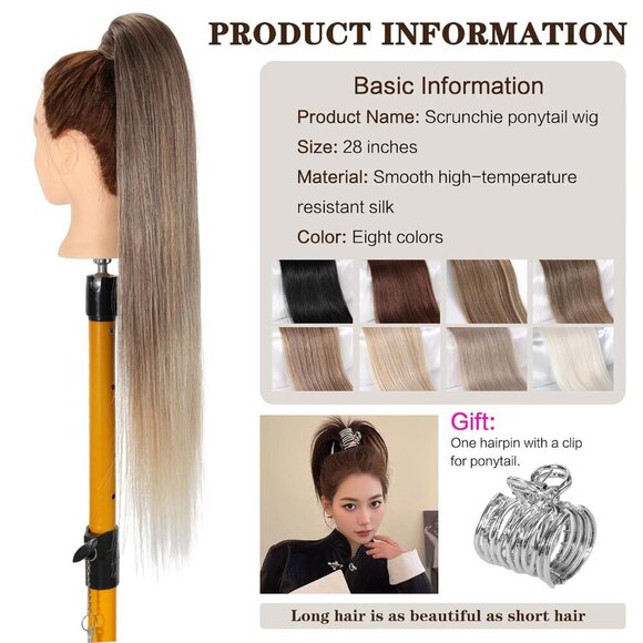 Ponytail Extensions 28" Long Straight Ponytail Extension Synthetic Pony Tails Ha - Picture 6 of 7